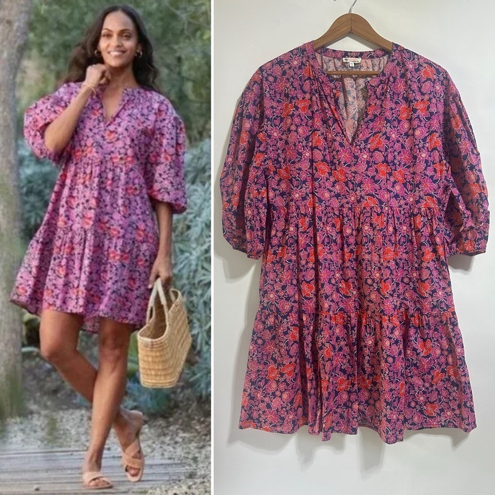 Sundry Evereve Floral Tiered Cotton Navy Pink Floral Puff Sleeve Dress medium
